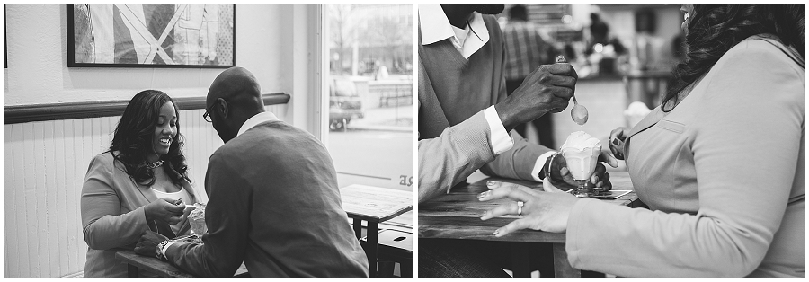 Engagement photos at Ice Cream Parlor in Downtown Durham