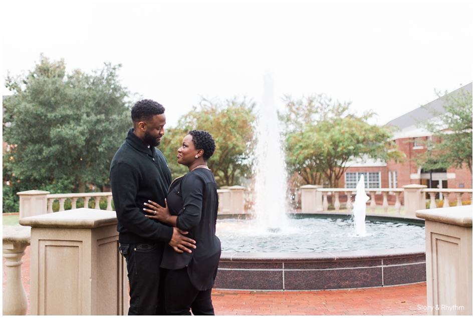 Engagement photos at the water fountain at Campbell University