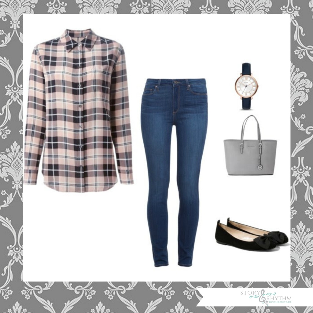 Women's plaid shirt with jeans and flats