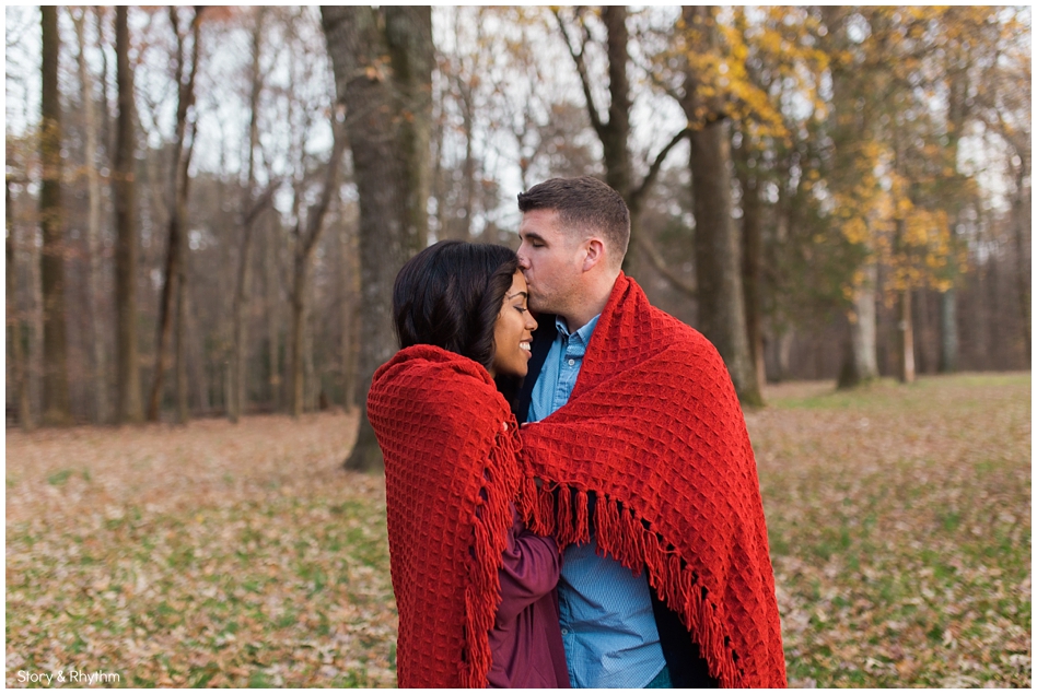 Greensboro engagement photos with red blanket