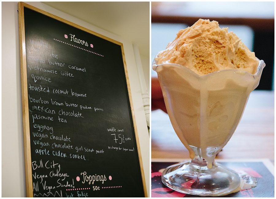 Engagement photos at Ice Cream Parlor in Downtown Durham