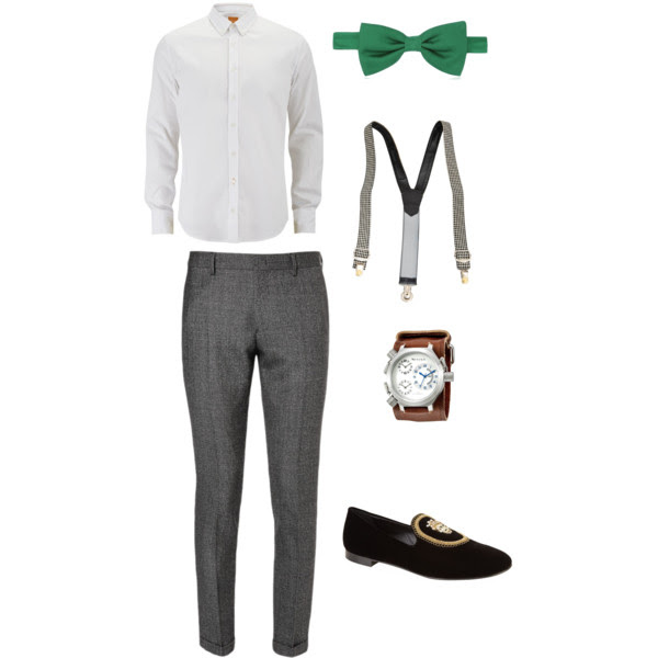 Suspenders with a green bowtie for wedding