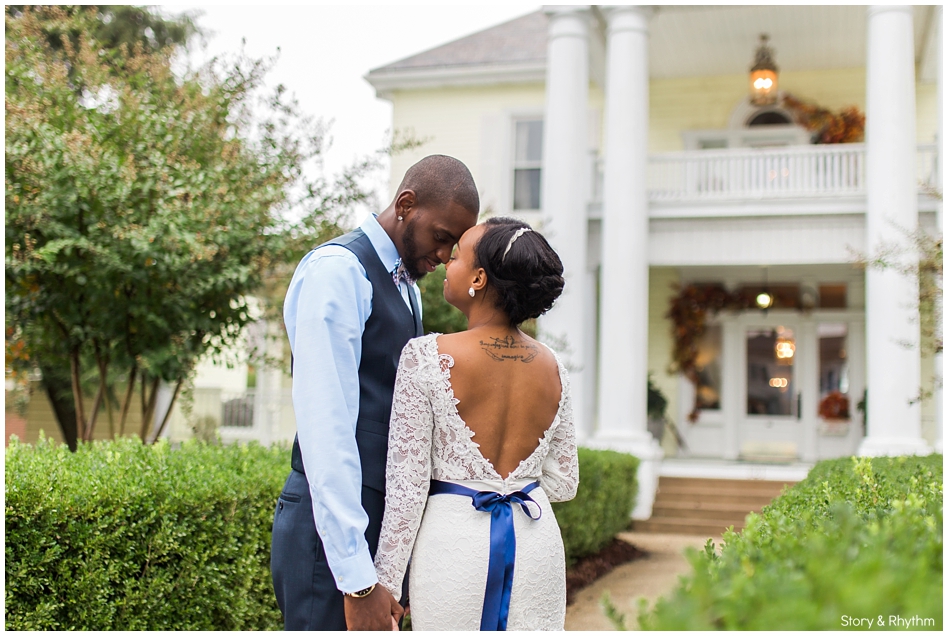 Bride and groom at the Wagner House in Clayton, North Carolina