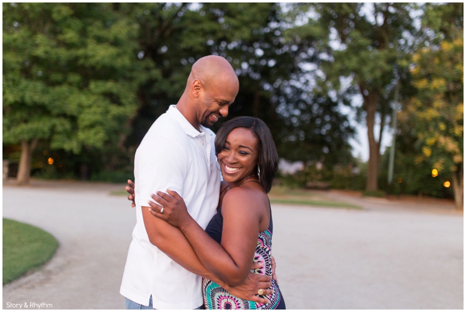 Couple laughing during engagement photo session