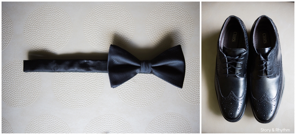 Groom's black shoes and bowtie for wedding